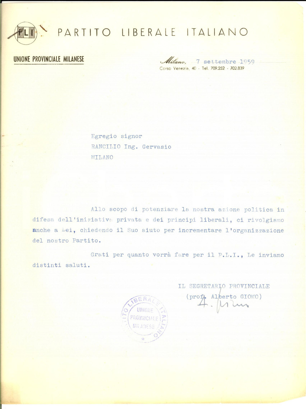 Autografo originale 1959 MILANO PARTITO LIBERALE Alberto GIOMO chiede contributo AUTOGRAFO 1