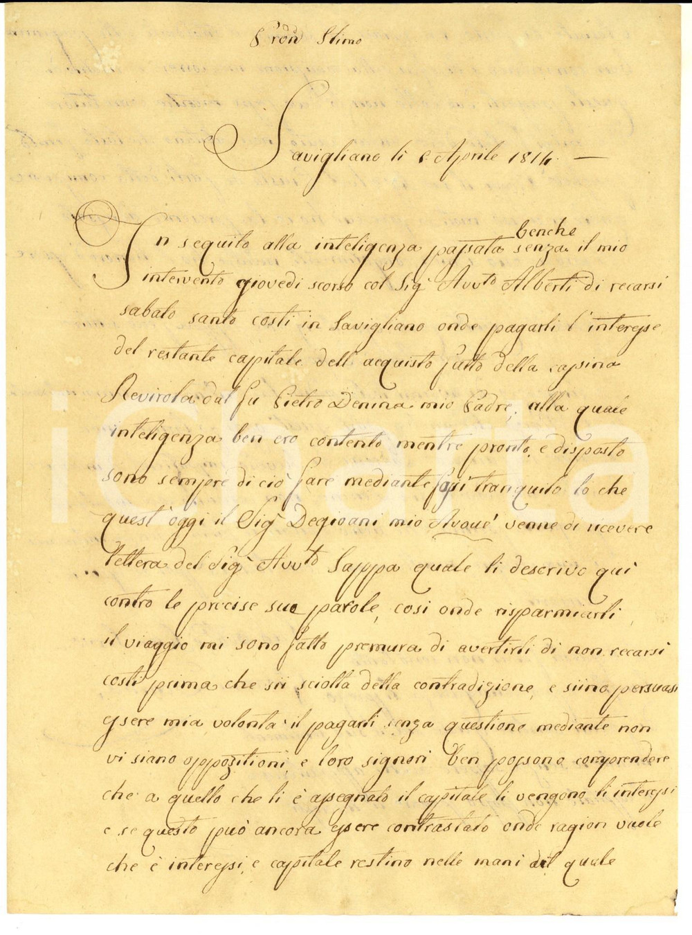 Manoscritto, lettera originale 1814 SAVIGLIANO Giovanni DENINA promette saldo della cascina REVIROLA Lettera 1