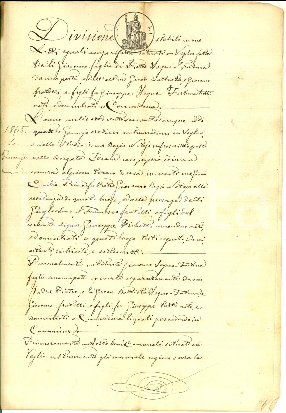 Documento originale, autentico 1866 VEGLIO BI Divisione stabili tra Giacomo e Giovanni Battista SOGNO FORTUNA 1
