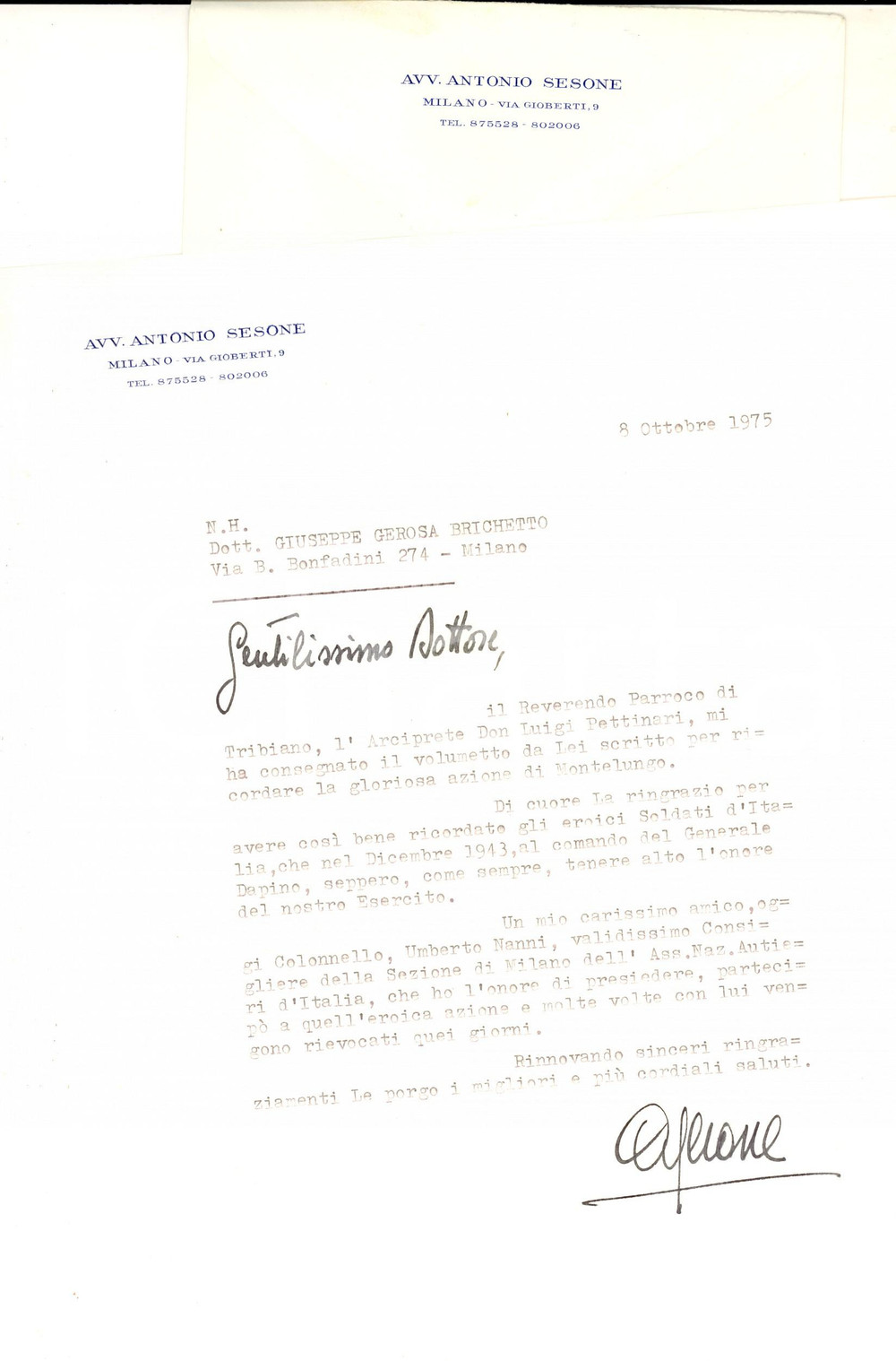 Manoscritto, lettera originale 1975 MILANO Lettera di ringraziamento avv. Antonio SESONE Autografo 1