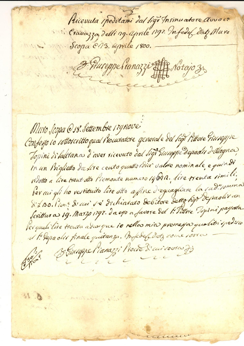Documento originale, autentico 1797 SALTERANA/ SCOPA VC Liberazione pagata dal pittore Giuseppe TOPINO 1
