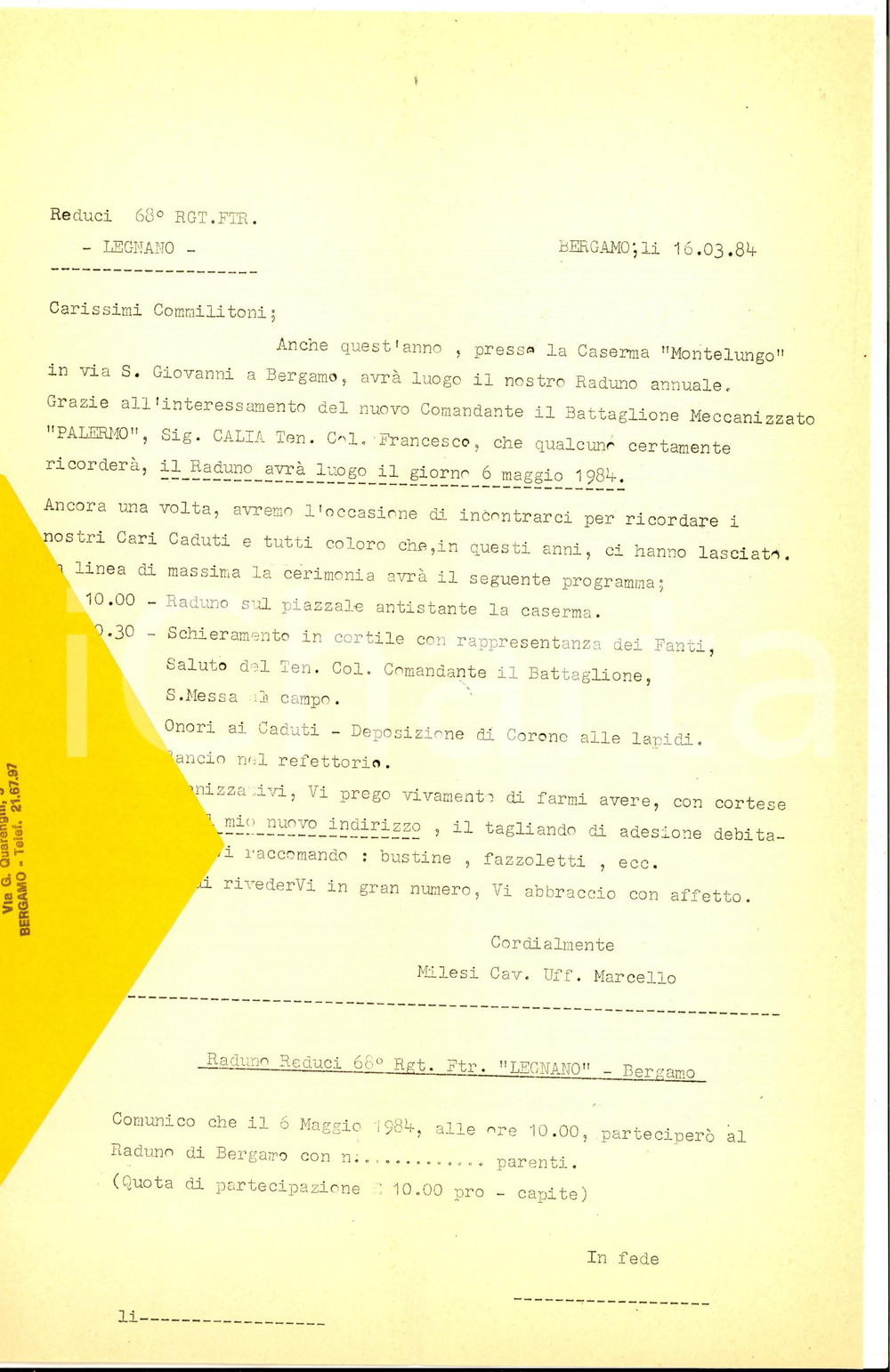Manoscritto, lettera originale 1984 BERGAMO Raduno reduci 68Â°Reggimento Fanteria LEGNANO Programma 1