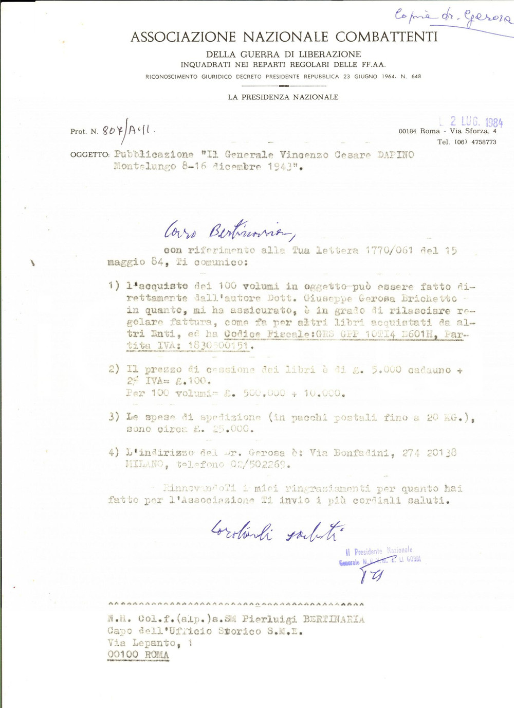 Autografo originale 1984 ROMA Associazione Nazionale Combattenti  Autografo Alberto LI GOBBI 1