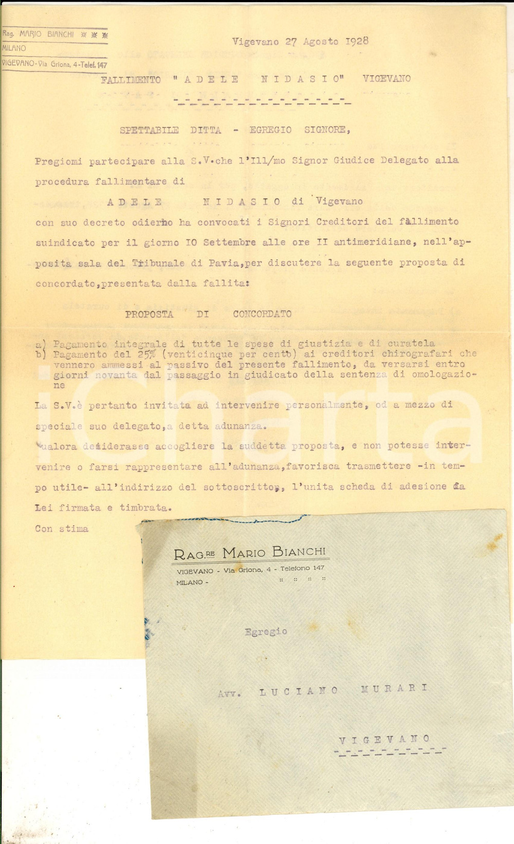 Documento originale, autentico 1928 VIGEVANO Lettera rag. Mario BIANCHI su fallimento ditta Adele NIDASIO 1