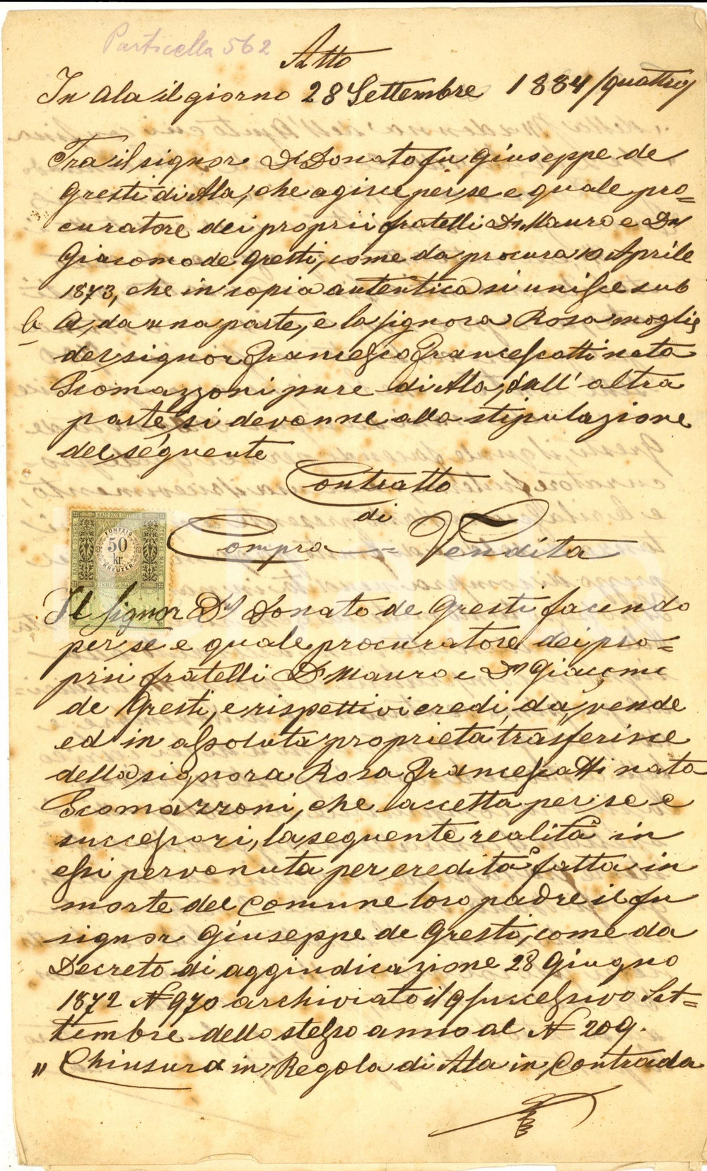 Documento originale, autentico 1884 ALA DI TRENTO Fratelli DE GRESTI vendono Rosa FRANCESCATTI fondo ereditato 1