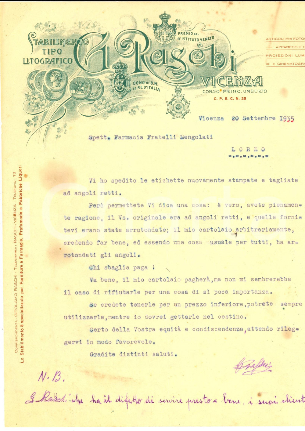 Documento originale, autentico 1935 VICENZA Stabilimento tipografico RASCHI  Ordine di etichette sbagliate 1
