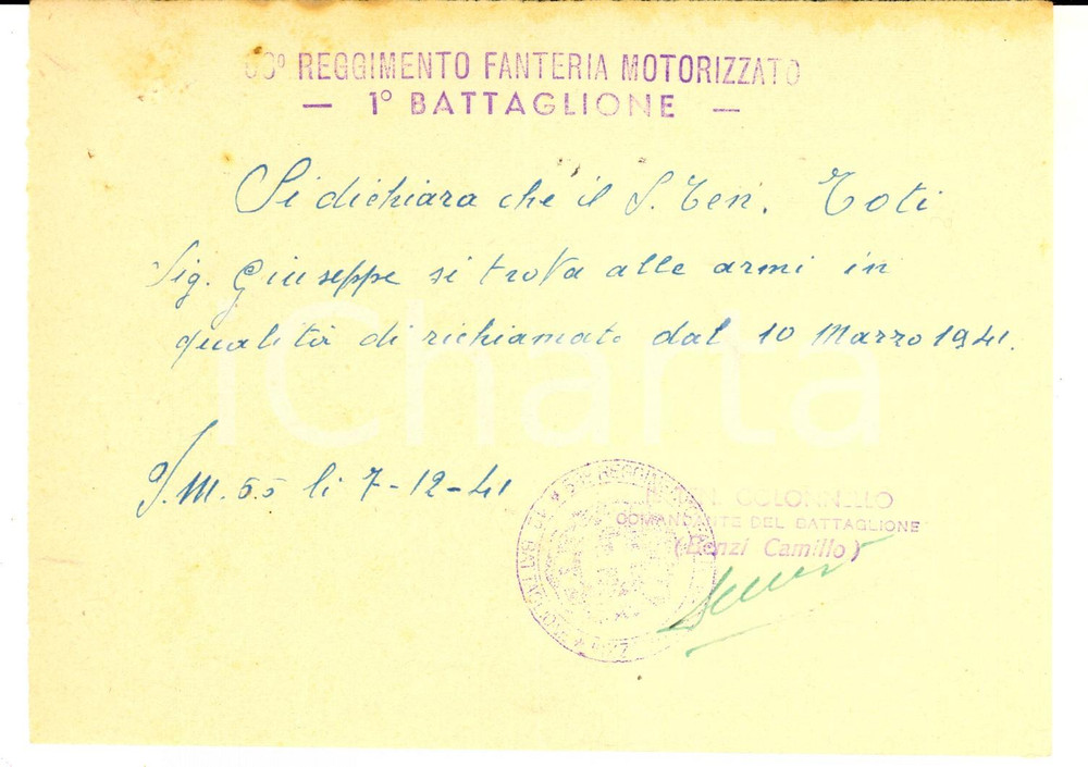 Documento originale, autentico 1941 WW2 53Â° Reggimento Fanteria Motorizzato  Ten. Giuseppe TOTI alle armi 1