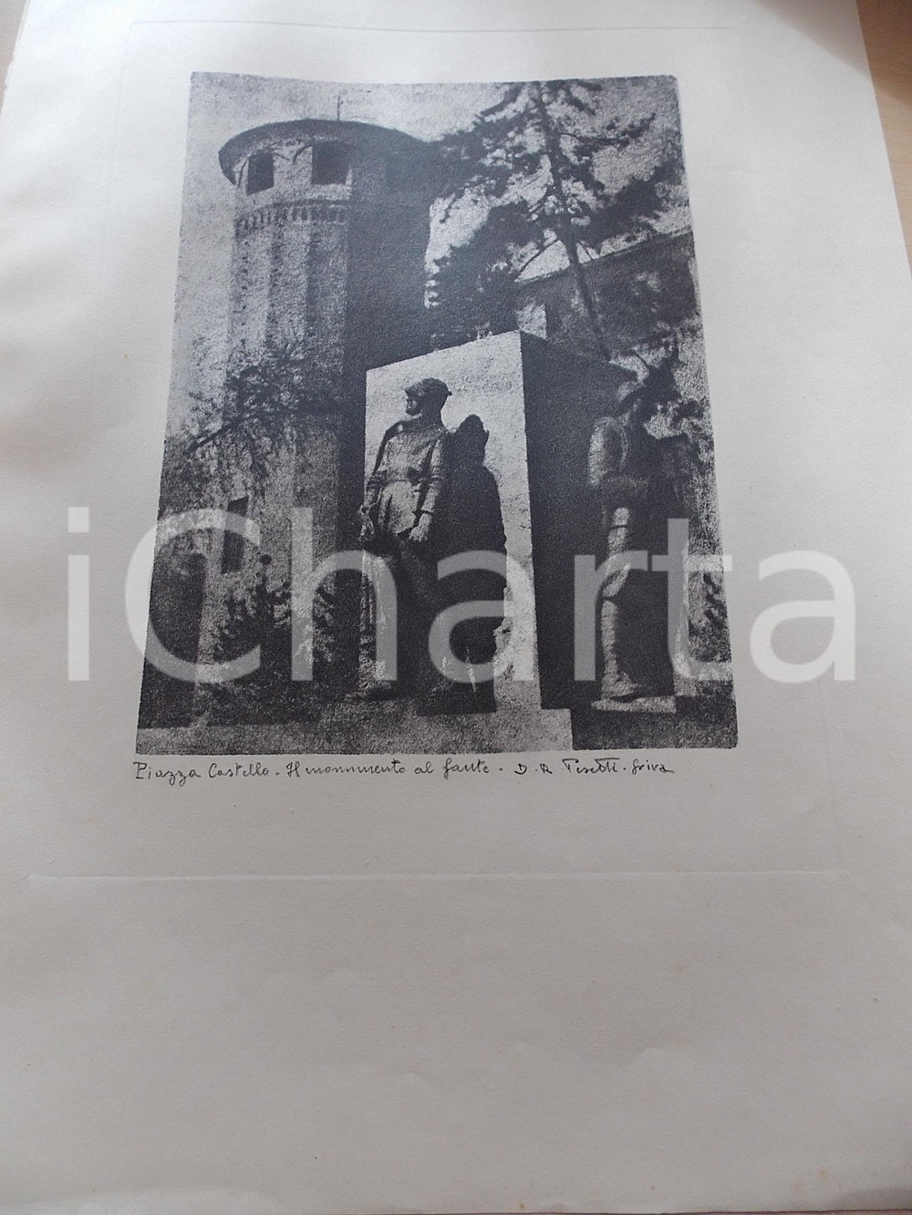 Stampa, bozzetto originale 1950 ca D. R. PERETTI GRIVA  TORINO Monumento piazza Castello Stampa 31x42 1