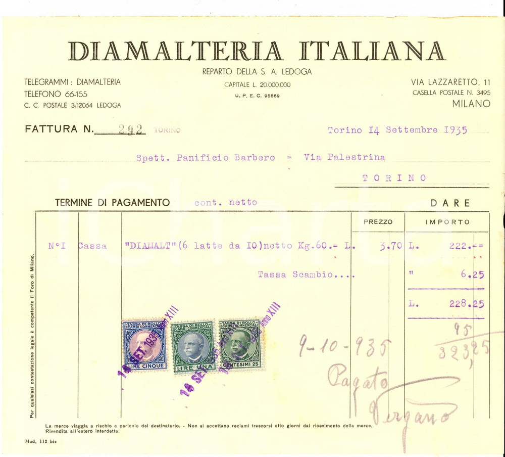Documento originale, autentico 1935 TORINO Diamalteria Italiana reparto LEDOGA Fattura per latta DIAMALT 1