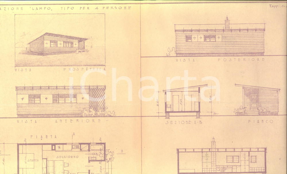 Stampa, bozzetto originale 1950 ca MILANO Ditta S. LUTTERI Progetto abitazione LAMPO per 4 persone 1