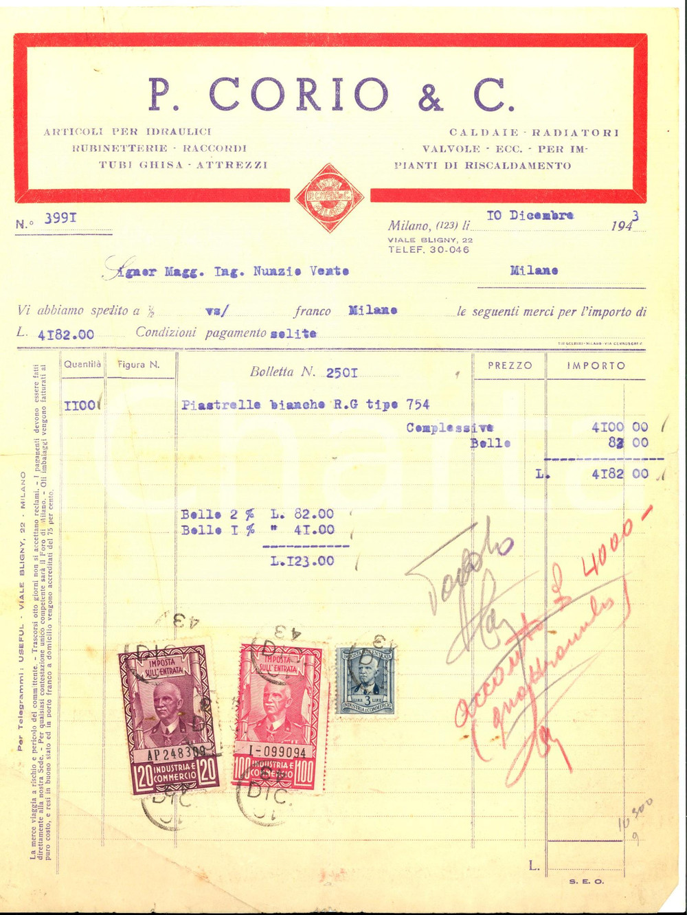Documento originale, autentico 1943 MILANO P. CORIO & C. Articoli per idraulici e rubinetterie Fattura 1