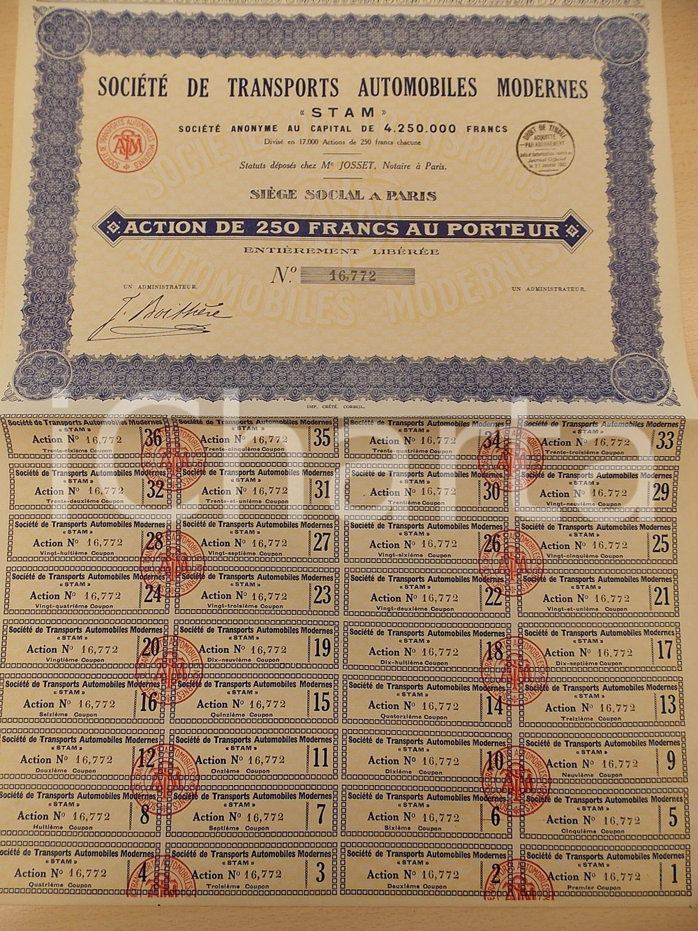 Oggetto da collezione cartaceo 1932 PARIS Société Transports Automobiles Modernes STAM Action 250 Francs 1 1
