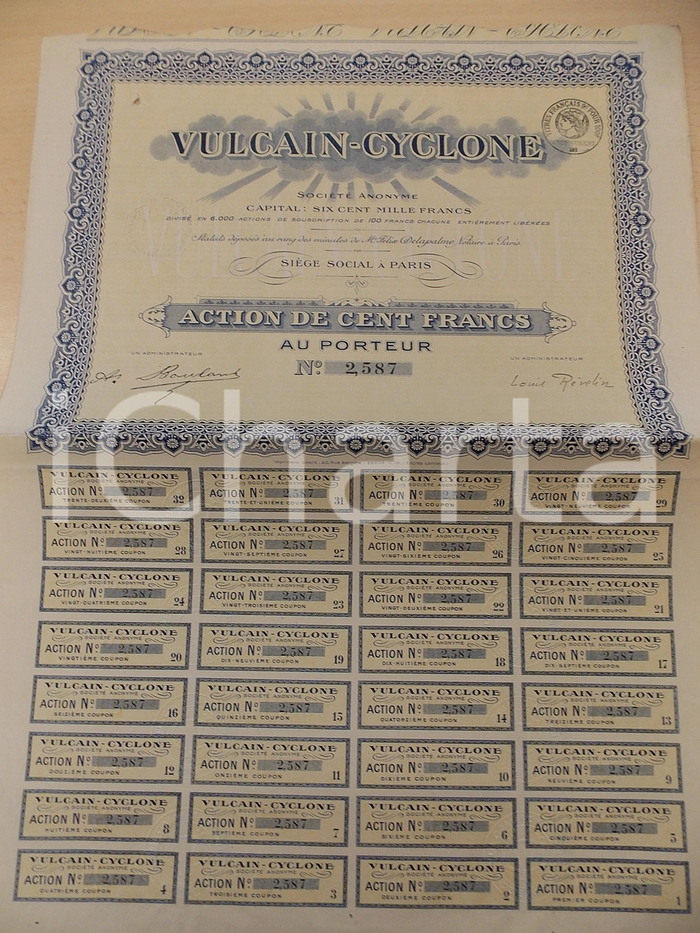 Oggetto da collezione cartaceo 1935 ca PARIS Société Anonyme VULCAINCYCLONE Action de cent francs Certificato 1