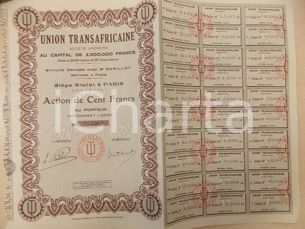 Oggetto da collezione cartaceo 1931 PARIS Société Anonyme UNION TRANSAFRICAINE Action de Cent Francs 1