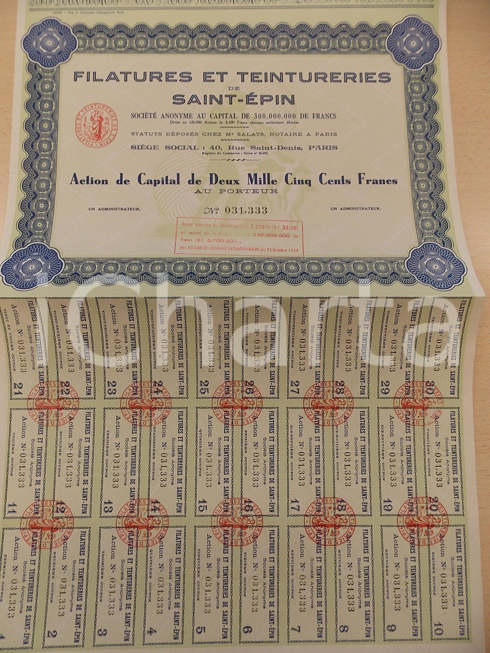 Oggetto da collezione cartaceo 1959 FRANCE Filatures et Teintureries SAINTEPIN Action 2500 Francs porteur 2 1