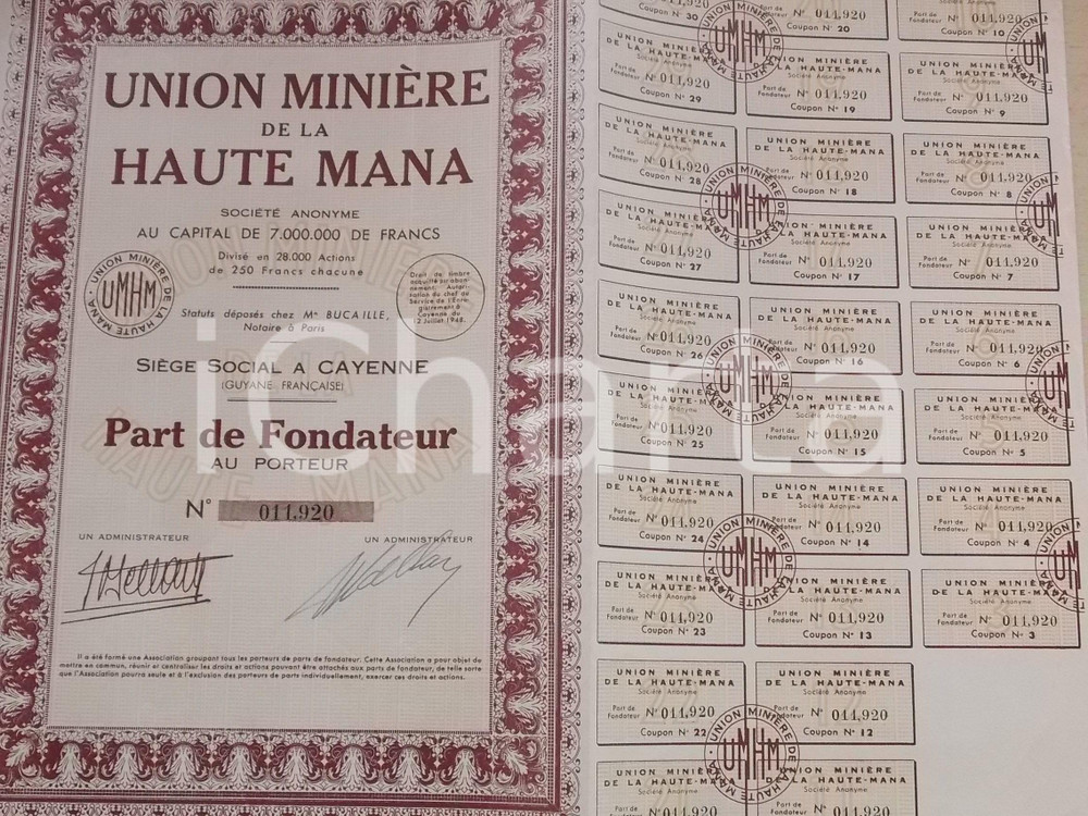 Oggetto da collezione cartaceo 1948 CAYENNE GUYANE FRANCAISE Union Minière de la HAUTE MANA Part de Fondateur 1
