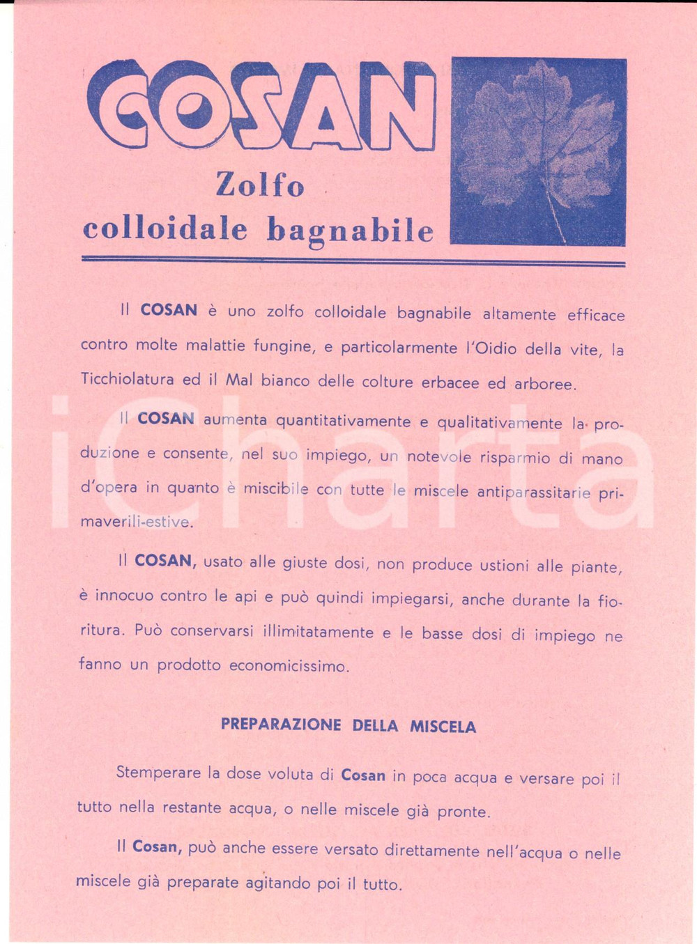 Materiale pubblicitario d’epoca 1959 ROMA Ditta SIAPA  Zolfo colloidale bagnabile COSAN Volantino pubblicitario 1