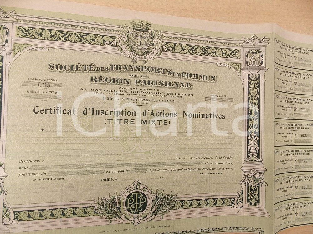 Oggetto da collezione cartaceo 1950 ca PARIS Société des Transports en Commun Région Parisienne Actions 1 1