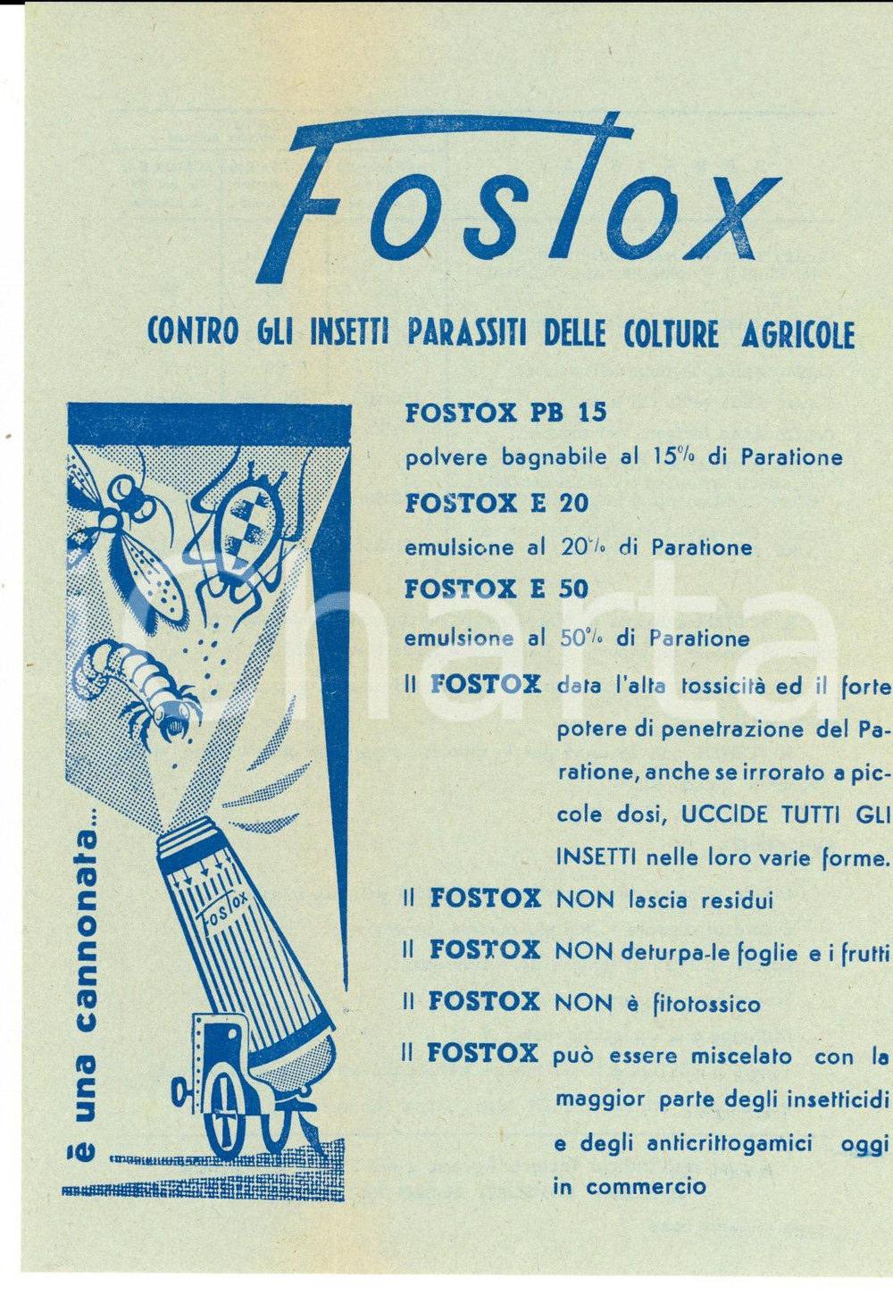 Materiale pubblicitario d’epoca 1959 ROMA Ditta SIAPA  FOSTOX contro i parassiti Volantino pubblicitario 1
