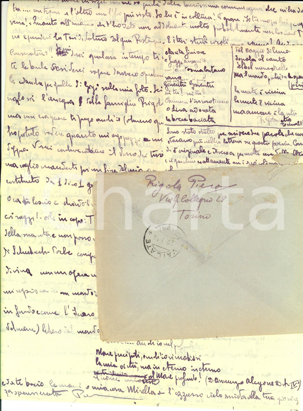 Autografo originale 1944 TORINO Pietro RIGOLA  Porto il Po e il Valentino nel cuore Autografo 1