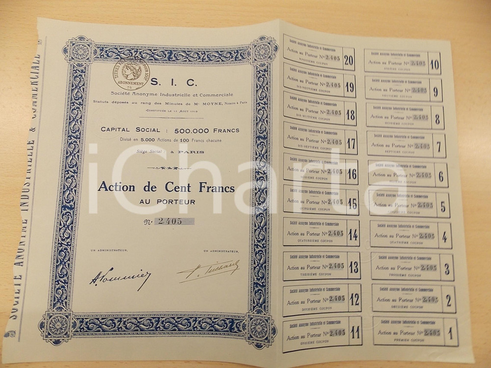 Oggetto da collezione cartaceo 1920 ca PARIS Société Anonyme Industrielle Commerciale S.I.C. Action Cent Francs 1
