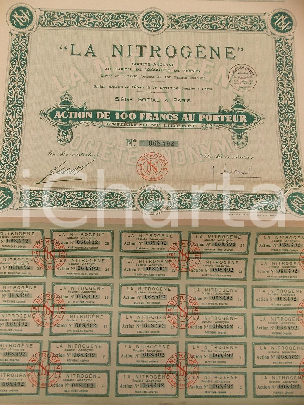 Oggetto da collezione cartaceo 1928 PARIS Société Anonyme LA NITROGENE Action 100 francs au porteur Certificato 1