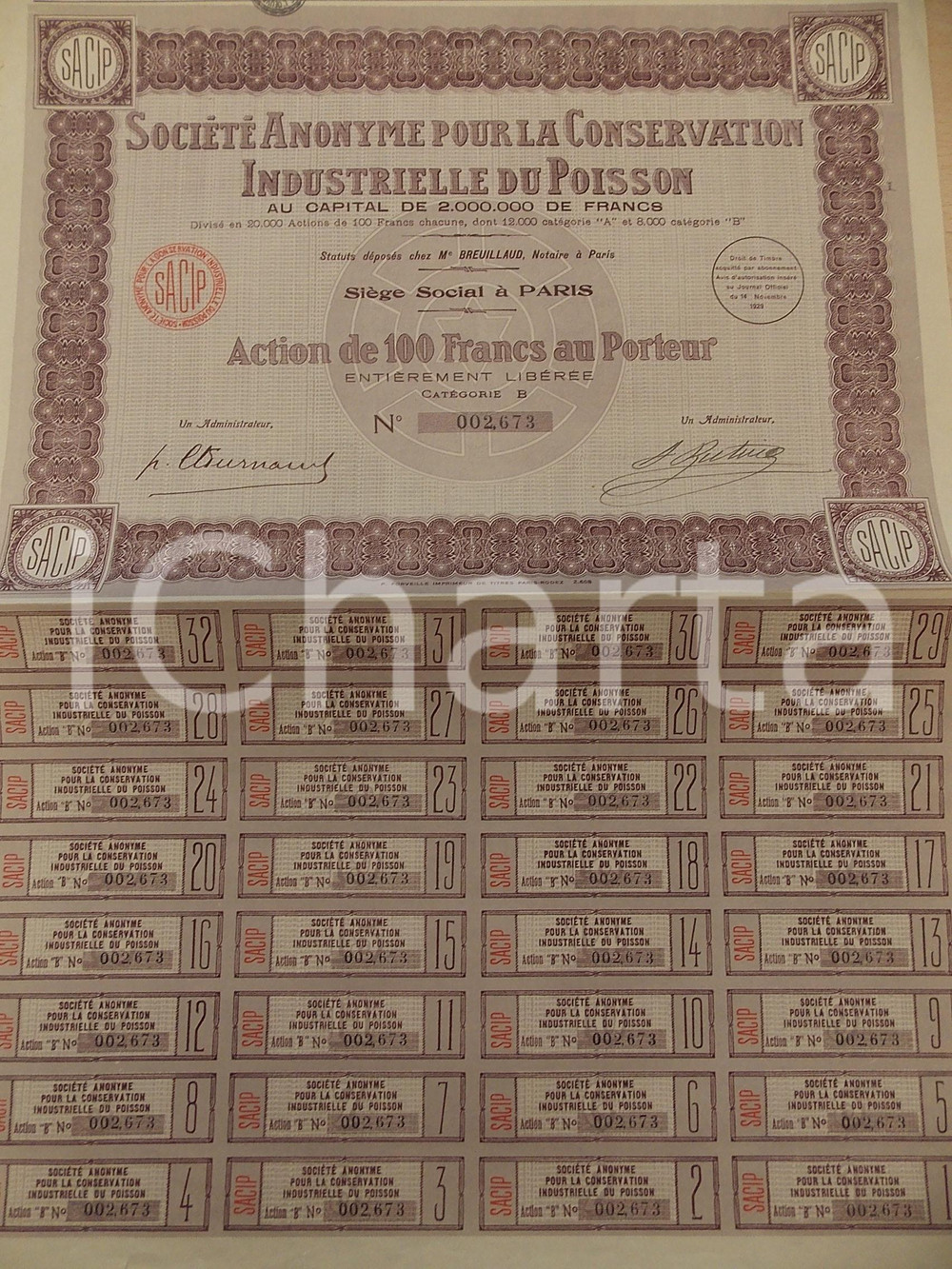 Oggetto da collezione cartaceo 1930 ca PARIS Société Anonyme Conservation Industrielle du Poisson Action 2 1