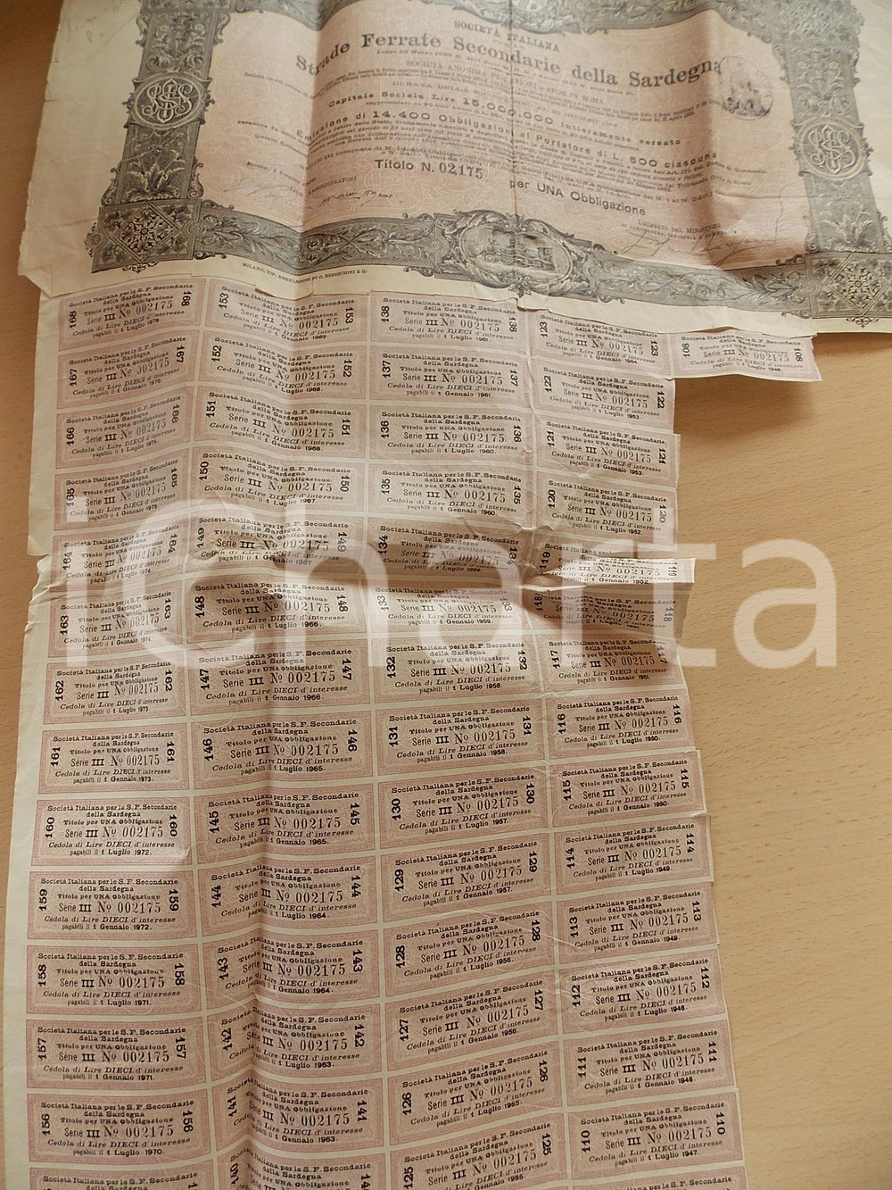 Oggetto da collezione cartaceo 1938 ROMA Società Strade Ferrate Secondarie SARDEGNA Obbligazione CEDOLE 1