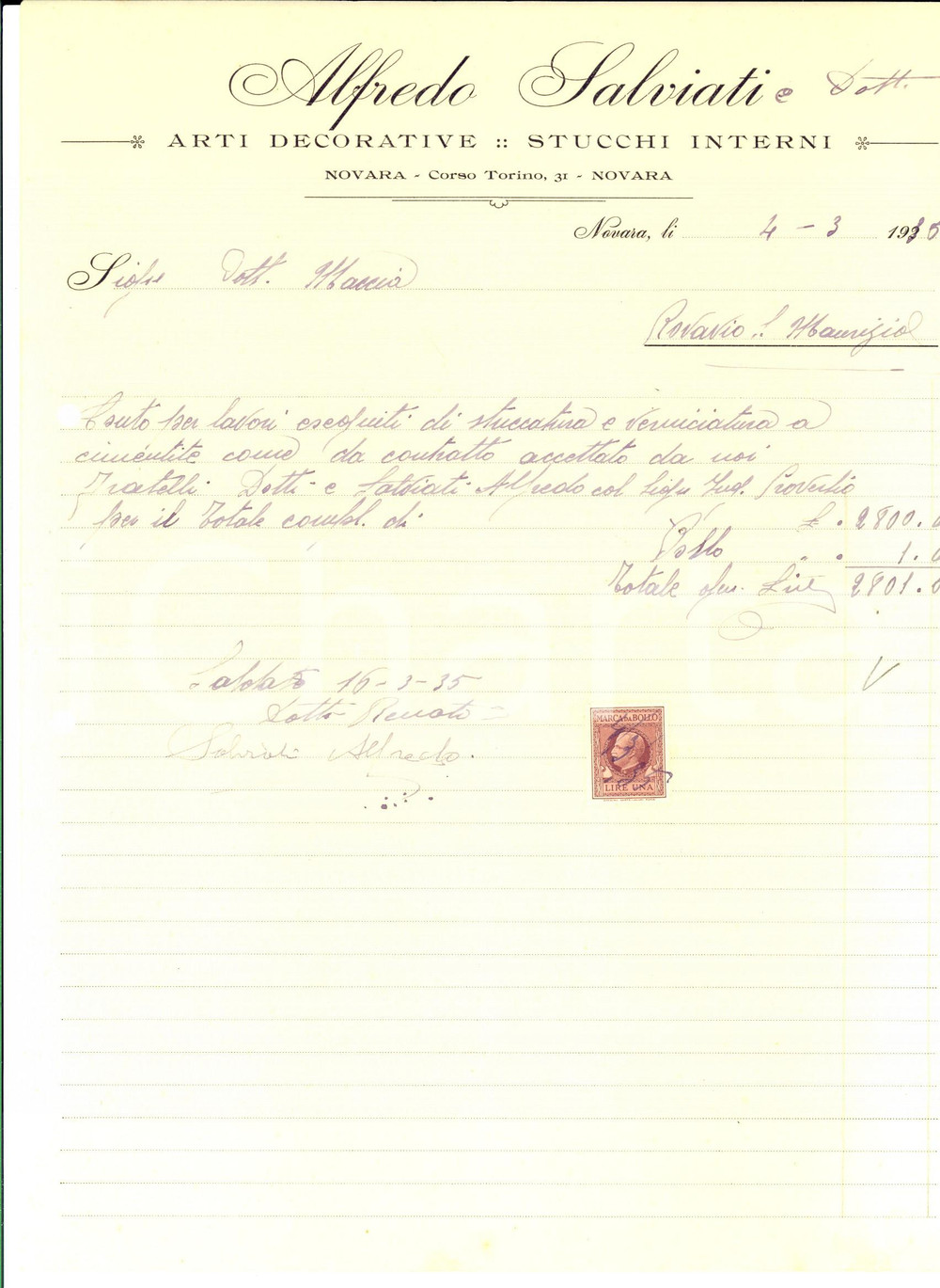 Documento originale, autentico 1935 NOVARA Alfredo SALVIATI Arti decorative e stucchi interni Conto stucco 1