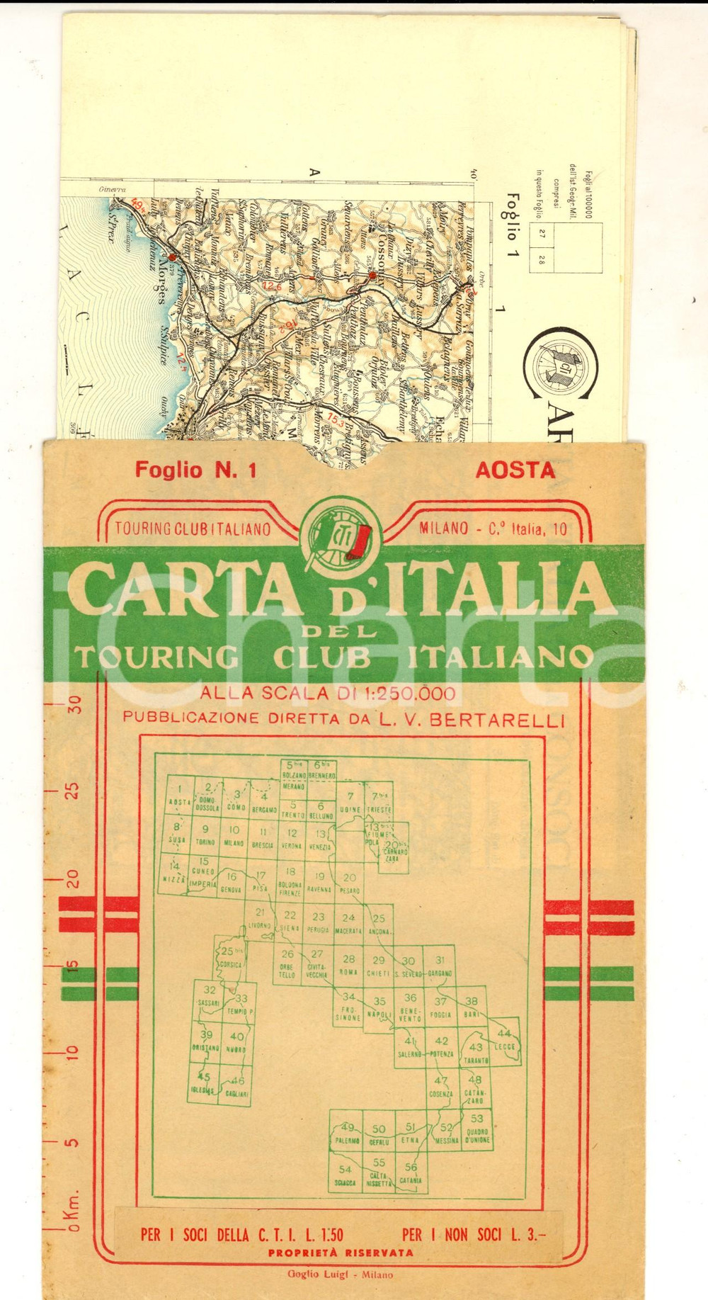 Mappa, planimetria storica 1910 ca TOURING CLUB ITALIANO Carta d Italia  AOSTA Foglio nÂ° 1 40x50 cm 1