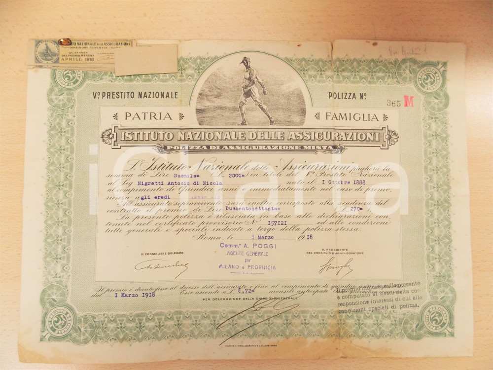 Oggetto da collezione cartaceo 1918 MILANO Istituto Nazionale Assicurazioni  Polizza per Antonio NIGRETTI 1