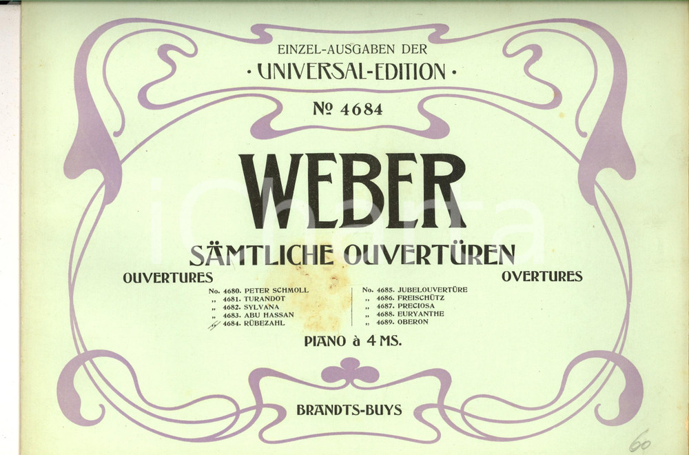 Oggetto da collezione cartaceo 1910 Carl Maria von WEBER Samtliche Ouverturen  Rubezahl Ed. UNIVERSAL nÂ°4684 1