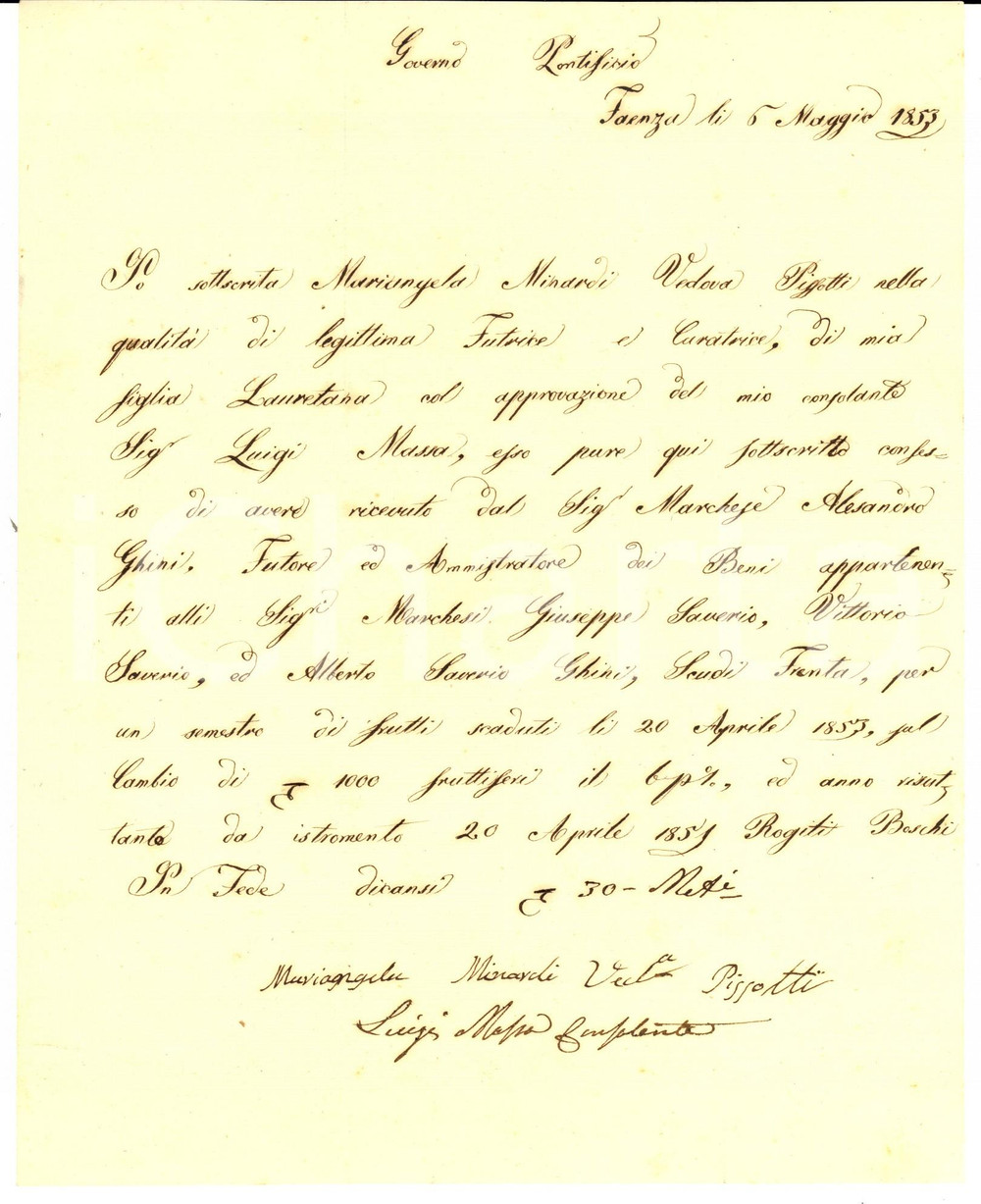 Manoscritto, lettera originale 1853 FAENZA Ricevuta Margherita MINARDI PISSOTTI al marchese Alessandro GHINI 1