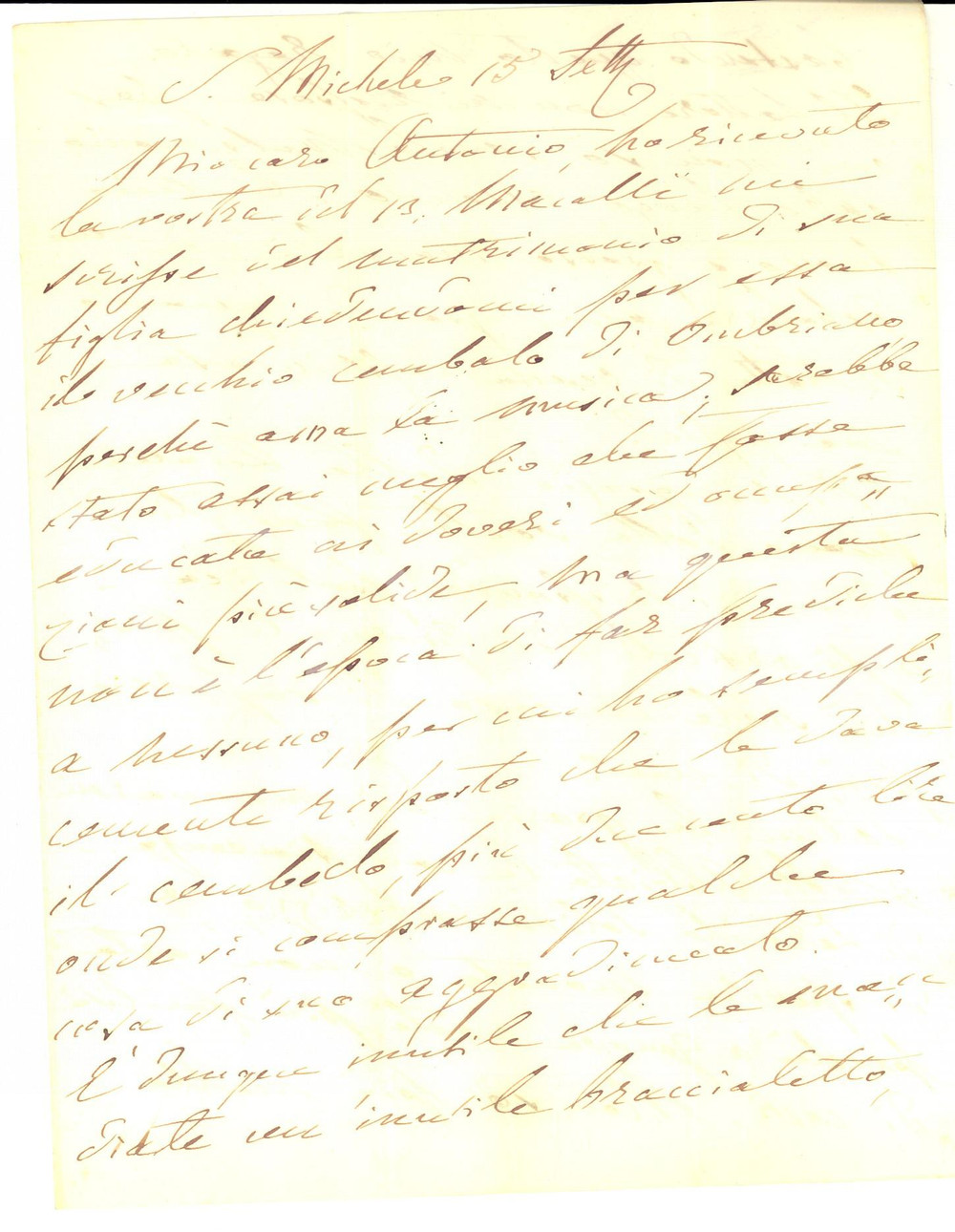 Manoscritto, lettera originale 1859 SAN MICHELE SANREMO Lettera ZOFFELLI su dono di un cembalo a una fanciulla 1