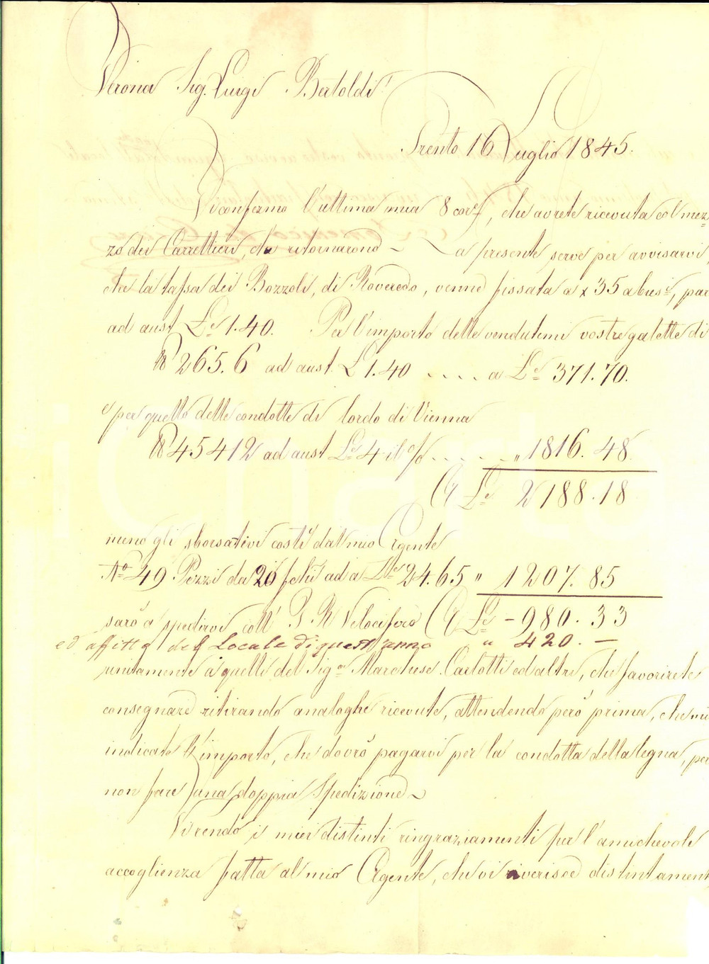 Manoscritto, lettera originale 1845 TRENTO Domenico DE CIANI a Luigi BERTOLDI su prezzo vendita bozzoli 1