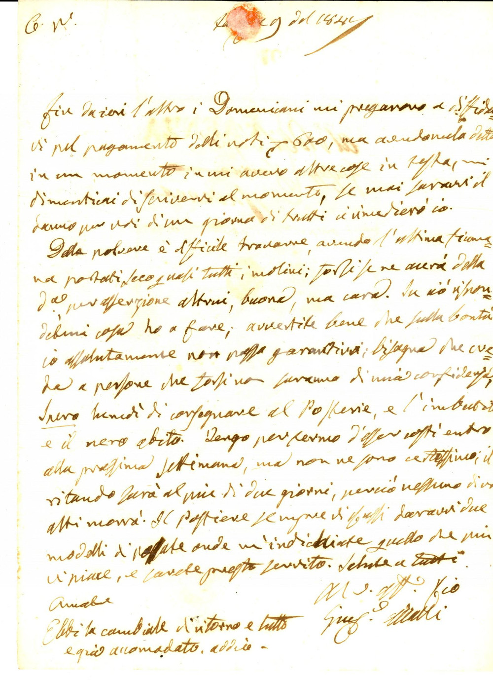 Manoscritto, lettera originale 1847 FAENZA Conte Giuseppe AZZALLI e la piena che ha portato via i mulini 1