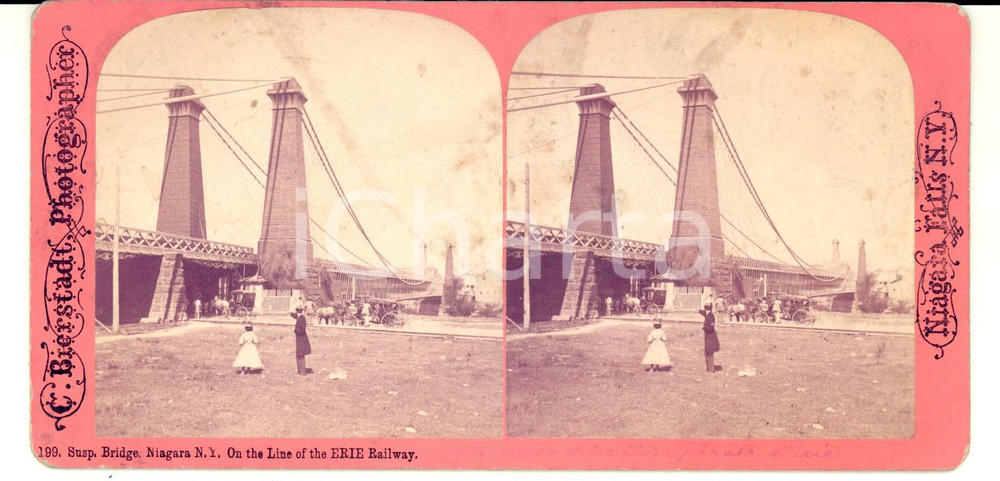 Fotografia d epoca originale 1890 NIAGARA FALLS NY Suspension Bridge  ERIE Railway Stereoscopic BIERSTADT 1