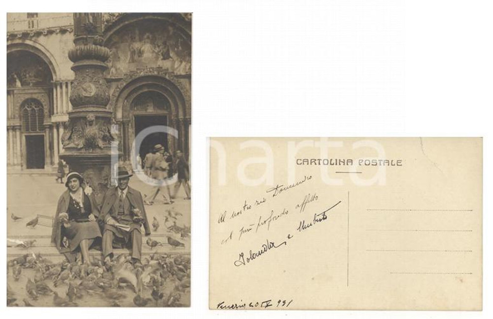 Fotografia d epoca originale 1931 VENEZIA Piazza SAN MARCO Umberto UTILI con la moglie Foto AUTOGRAFATA 1