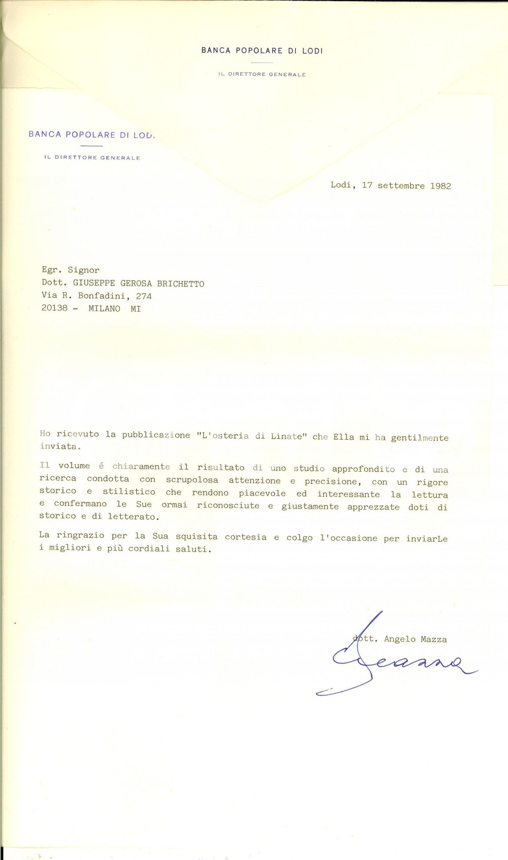 Manoscritto, lettera originale 1982 BANCA POPOLARE DI LODI Lettera Angelo MAZZA per libro omaggio Autografo 1