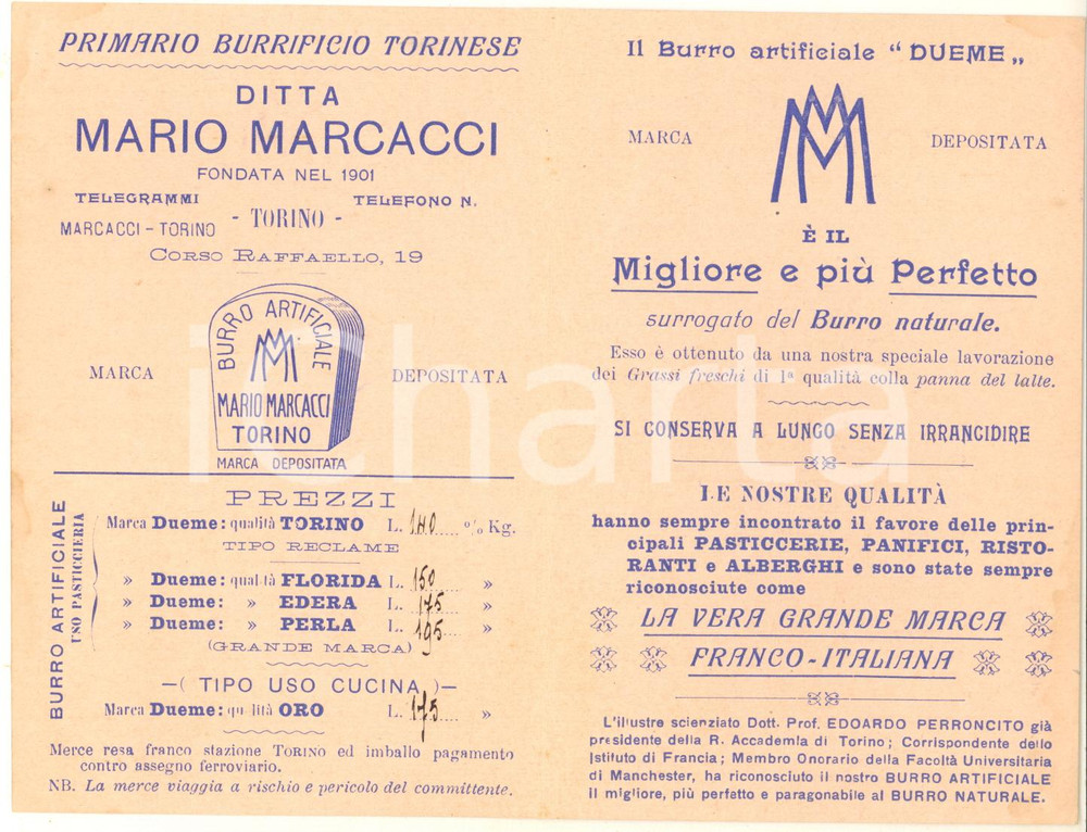 Materiale pubblicitario d’epoca 1915 ca TORINO Ditta Mario MARCACCI Premiato burrificio Biglietto pubblicitario 1