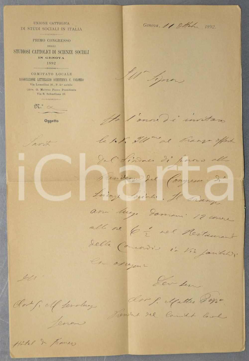 Documento originale, autentico 1892 GENOVA Congresso Studiosi Cattolici Scienze Sociali  Lettera Matteo POZZO 1