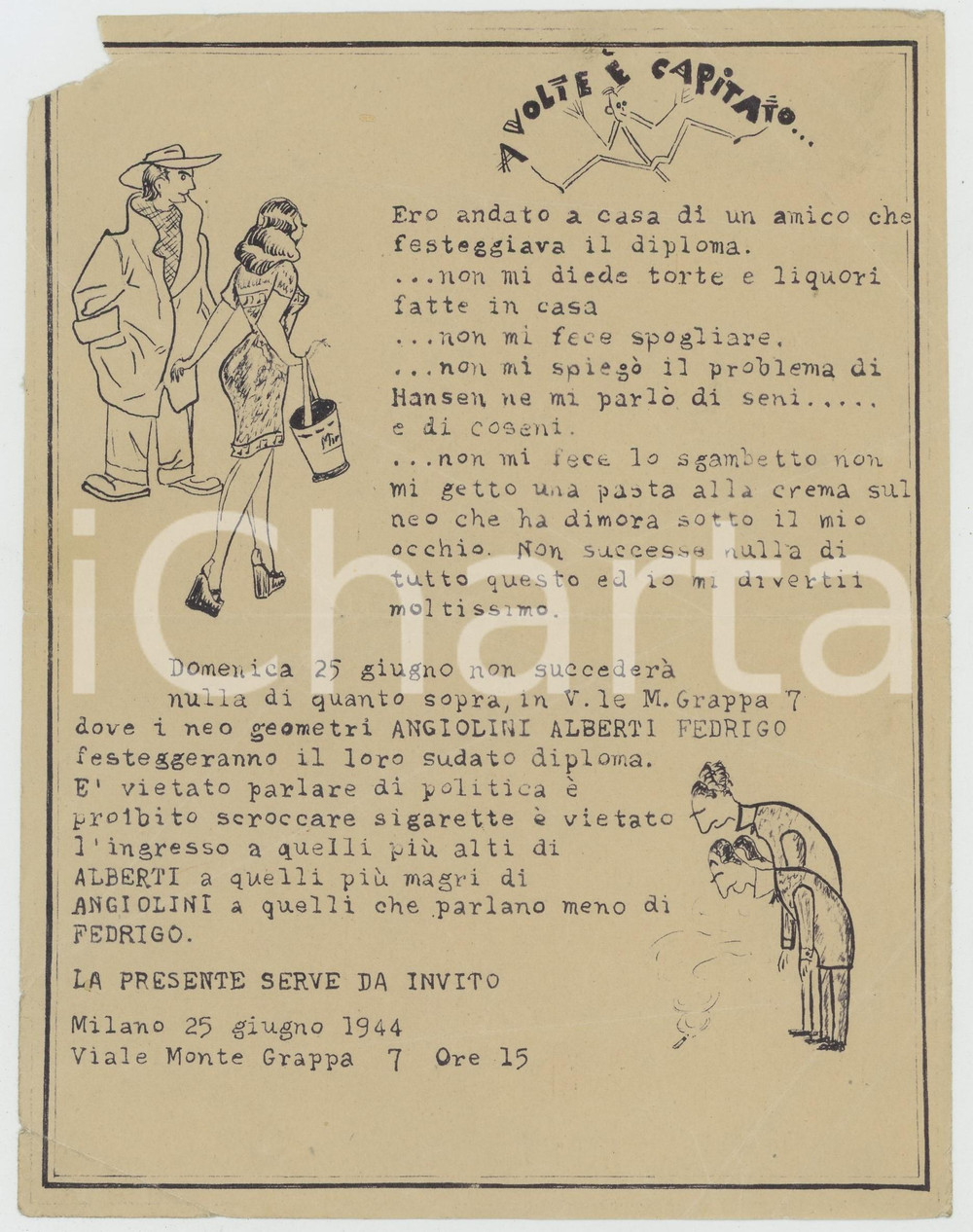 Documento originale, autentico 1944 MILANO Via Monte Grappa 7 Invito festa diploma geometri Umoristico 1