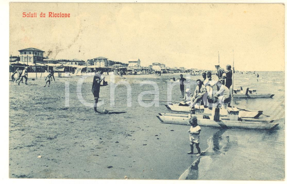 Cartolina originale da collezione 1929 RICCIONE RN Veduta della spiaggia con bagnino e pedalò Cartolina FP VG 1