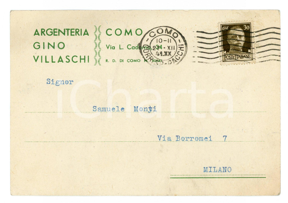 Cartolina originale da collezione 1941 COMO Argenteria Gino VILLASCHI Cartolina intestata per preventivo 1