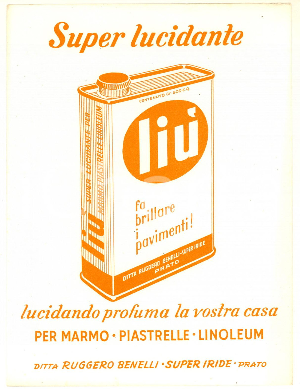 Materiale pubblicitario d’epoca 1950 ca PRATO Ruggero BENELLI  Super lucidante LIU  Cartoncino pubblicitario 7 1