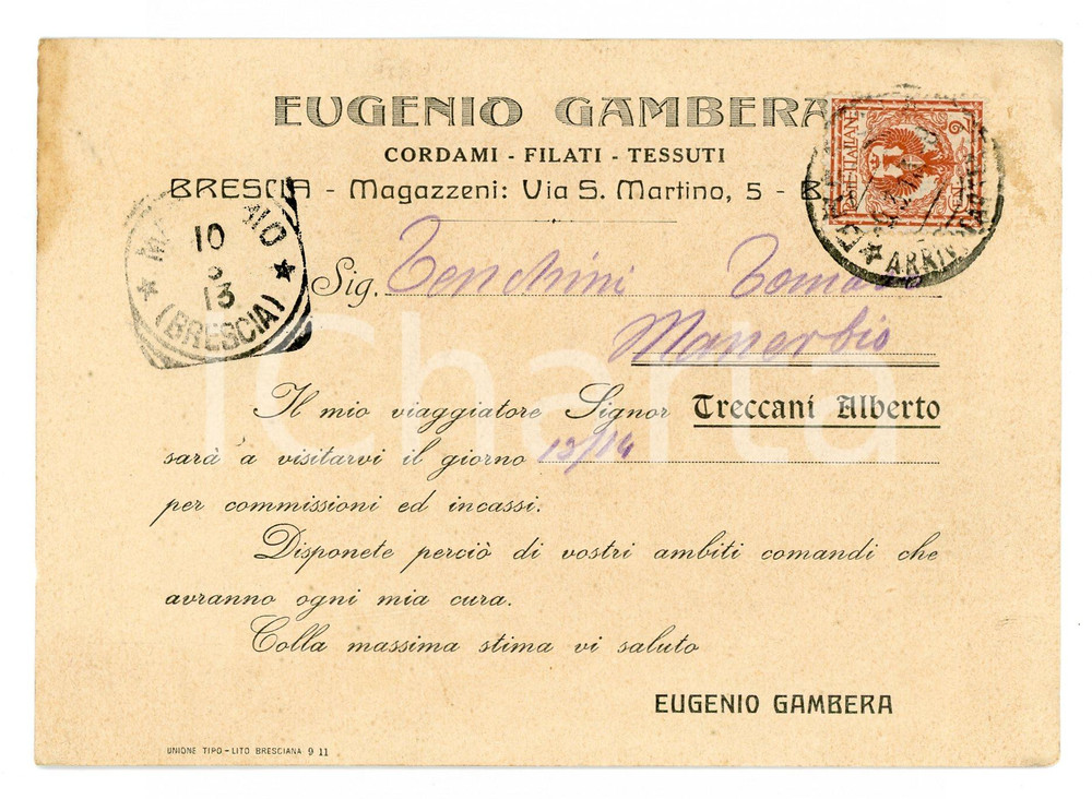 Cartolina originale da collezione 1913 BRESCIA Ditta Eugenio GAMBERA Cordami, filati, tessuti Cartolina FG 1