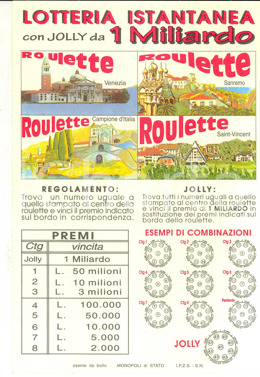 Oggetto da collezione cartaceo 1996 MONOPOLI DI STATO Lotteria istantanea jolly 1 miliardo Manifestino 20x30 1 1