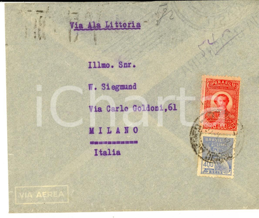 Documento originale, autentico 1940 STORIA POSTALE BRASILE Busta affrancata via ALA LITTORIA 5000 + 400 reis 1