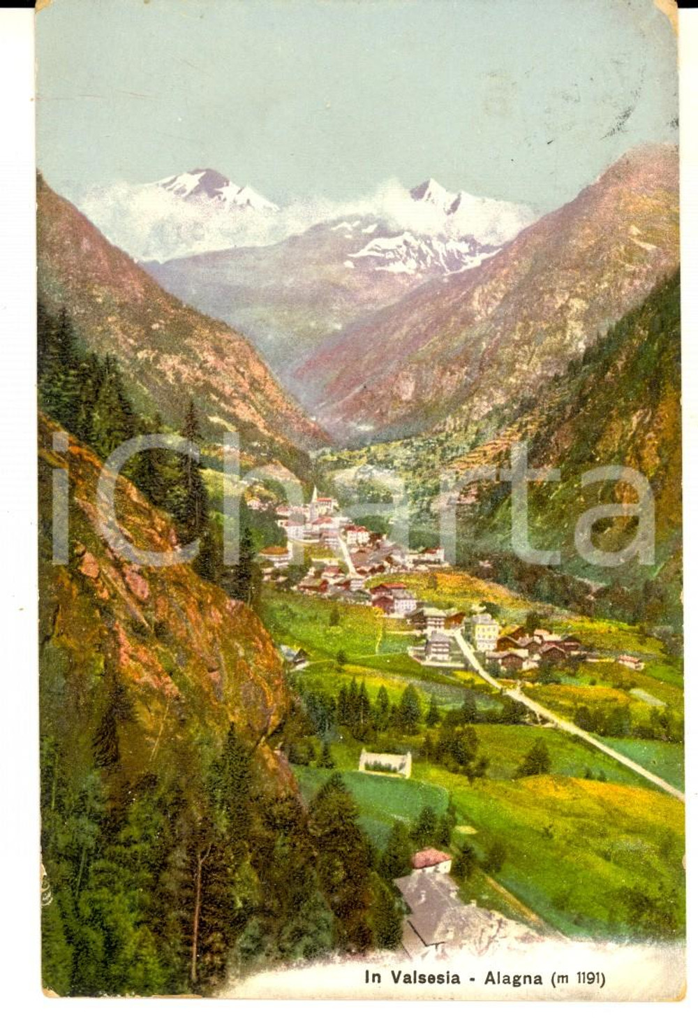 Cartolina originale da collezione 1909 ALAGNA VALSESIA VC Veduta panoramica Cartolina ILLUSTRATA FP VG 1