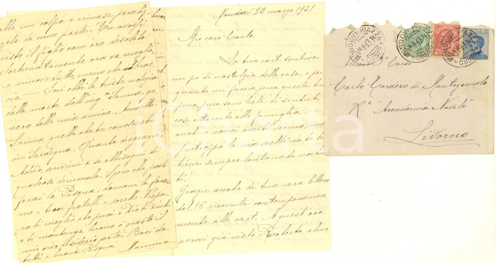 Manoscritto, lettera originale 1921 MONDOVI  Lettera marchesa CORDERO DI MONTEZEMOLO al figlio Carlo Autografo 1